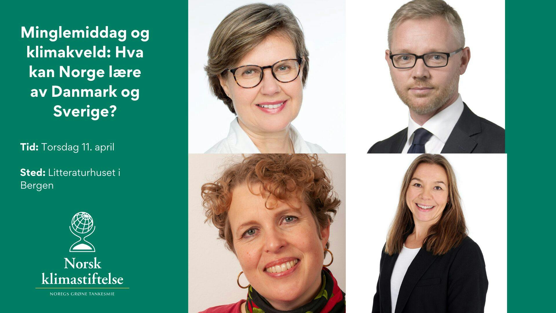 Portretter av fire personer som følger med en invitasjon til et klimaarrangement som diskuterer lærdom norge kan lære av danmark og sverige.