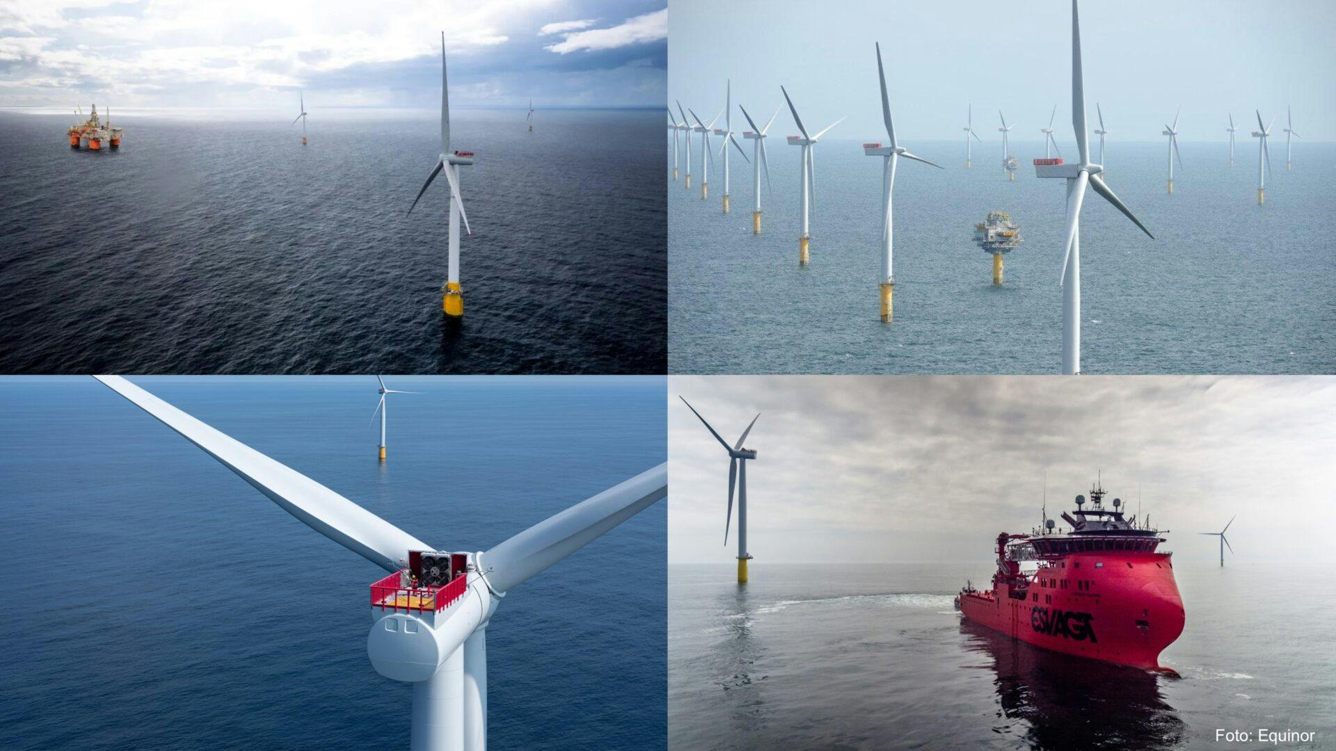 Collage av offshore vindparker med turbiner, et vedlikeholdsskip og nærbilder av en turbinplattform og blader over havet.