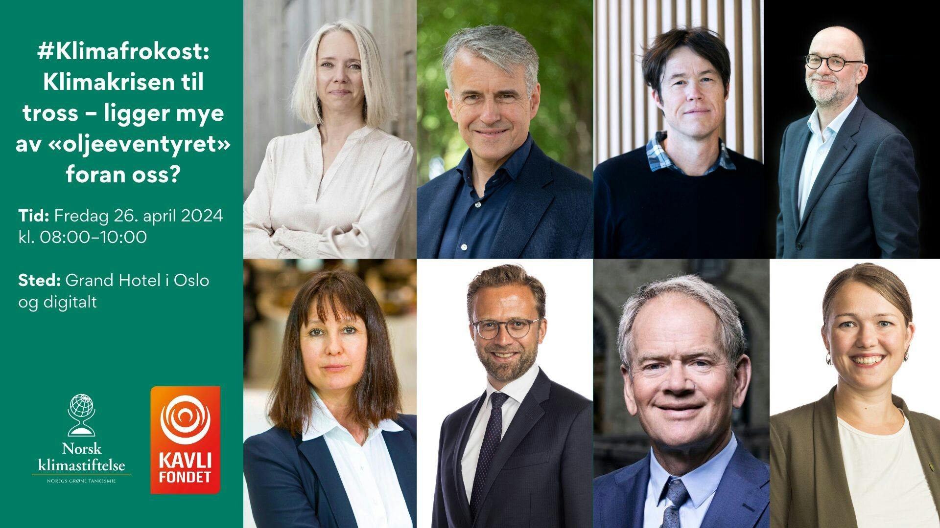 Markedsføringsbilde for en klimakonferanse med portretter av syv ulike foredragsholdere, arrangementsdetaljer og logoer fra Norsk klimastiftelse og kavli fondet.