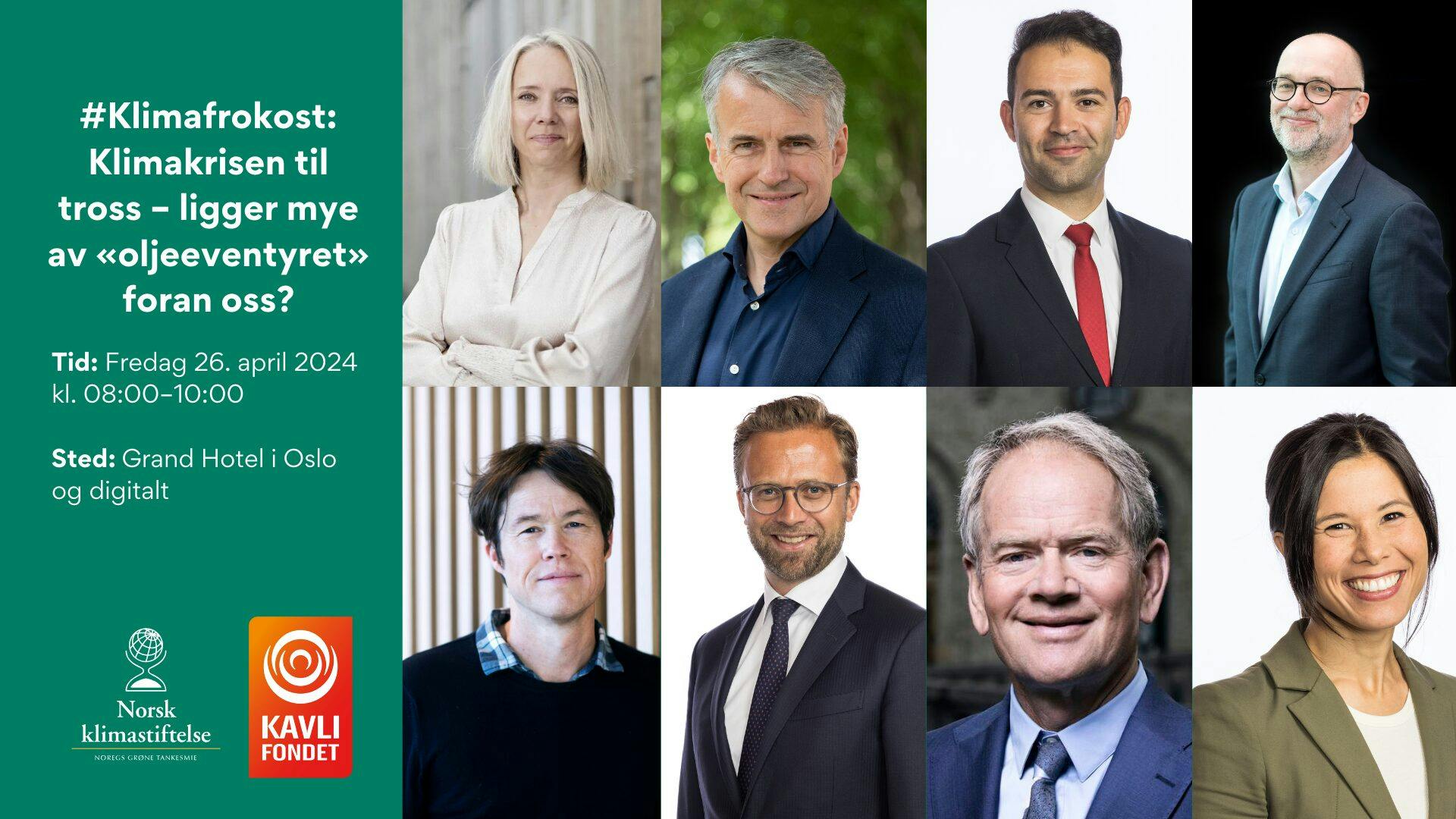 Reklamegrafikk for et klimaforskningsarrangement med portretter av åtte foredragsholdere, arrangementsdetaljer og logoer fra sponsorer, satt til 26. april 2024 på grand hotel oslo.