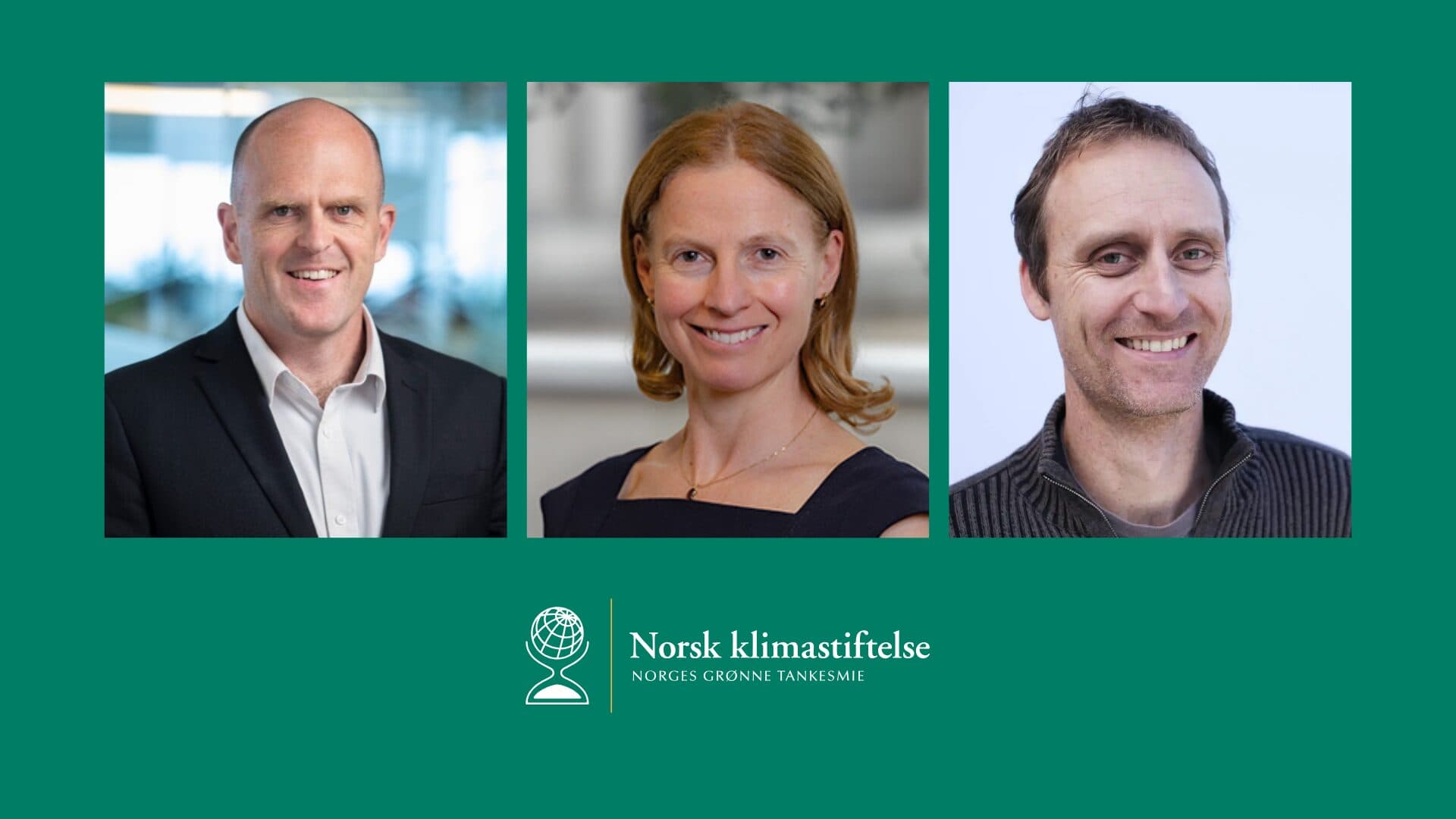 Tre personer er avbildet side om side på grønn bakgrunn med Norsk Klimastiftelse-logo under.
