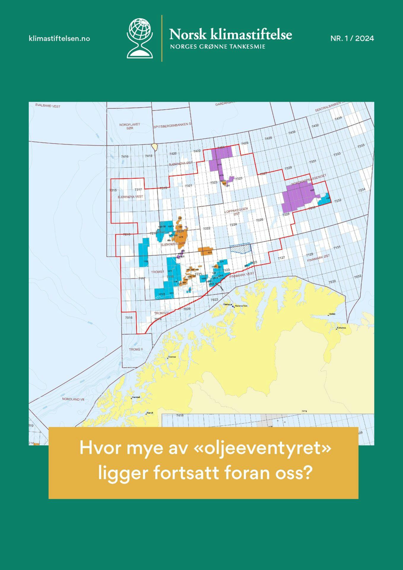 Et kart med ulike fargede områder er dekket av tekst i en gul boks som leser "Hvor mye av 'oljeeventyret' ligger fortsatt foran oss?" Øverst på bildet vises logoen og navnet til Norsk klimastiftelse.