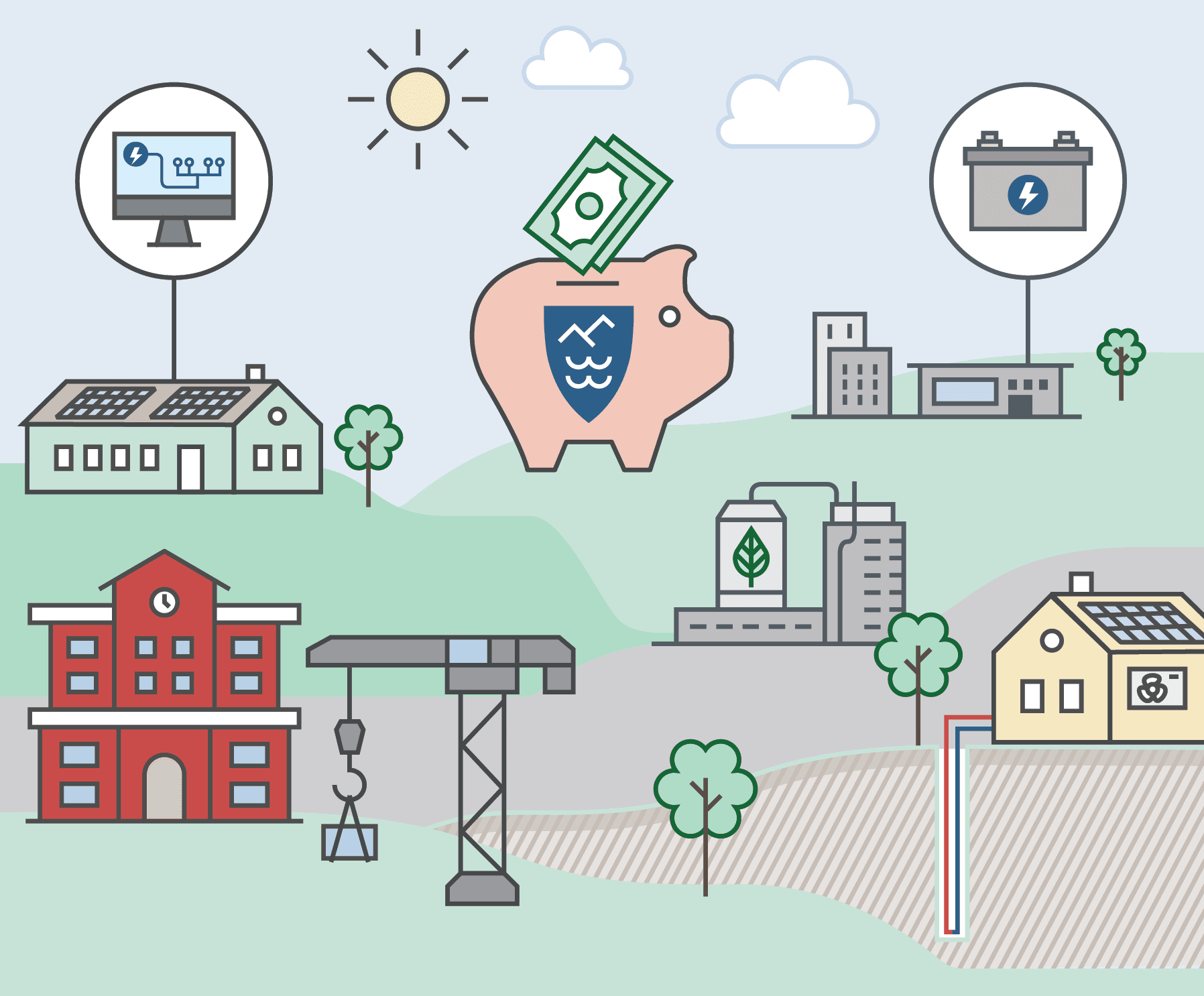 Illustrasjon av energisparing og fornybar energi i boliger, offentlige bygg og industri.