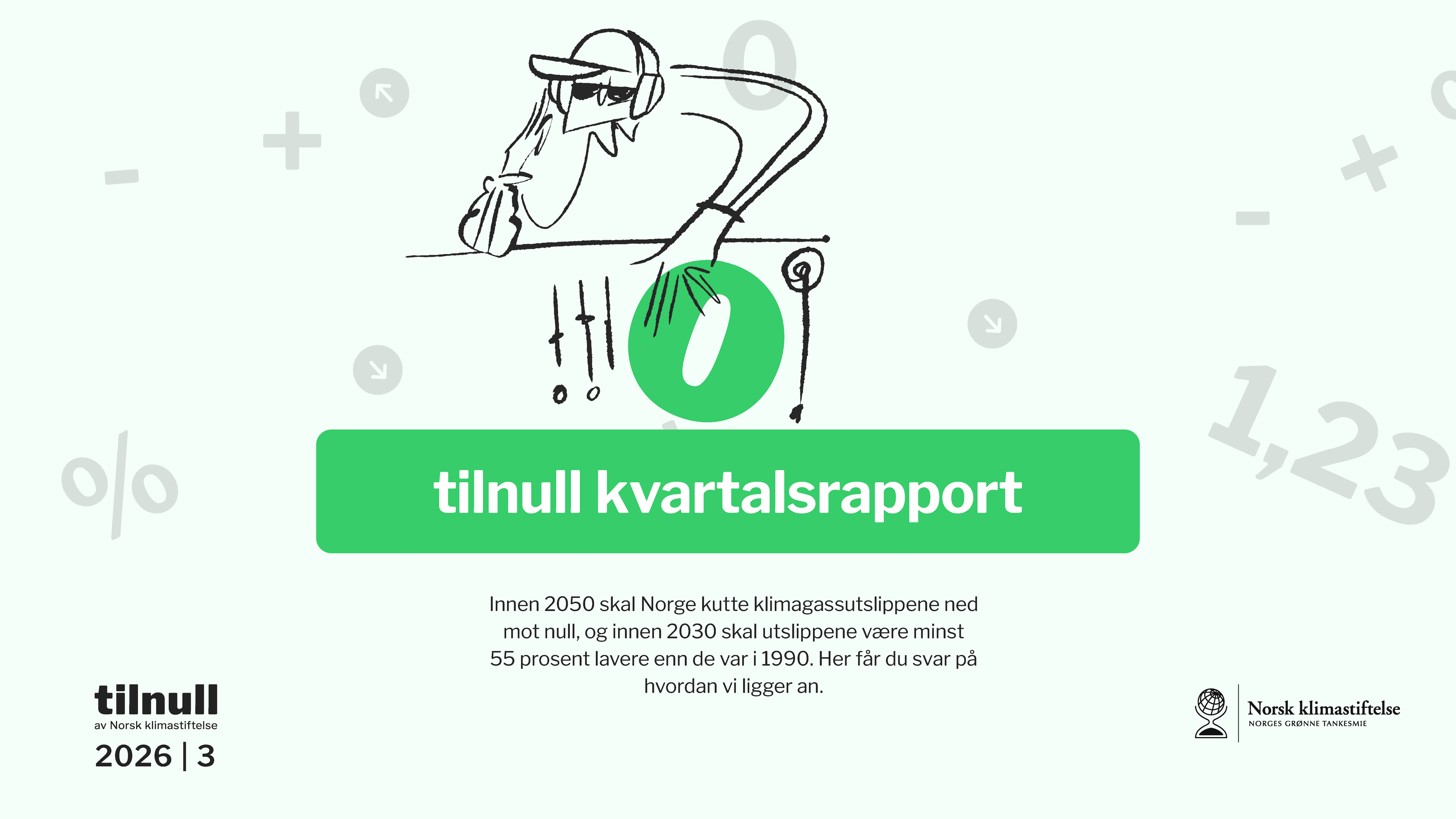 Forside til «tilnull kvartalsrapport» 2026 nr. 3 om Norges framdrift mot klimamålene for 2030 og 2050.